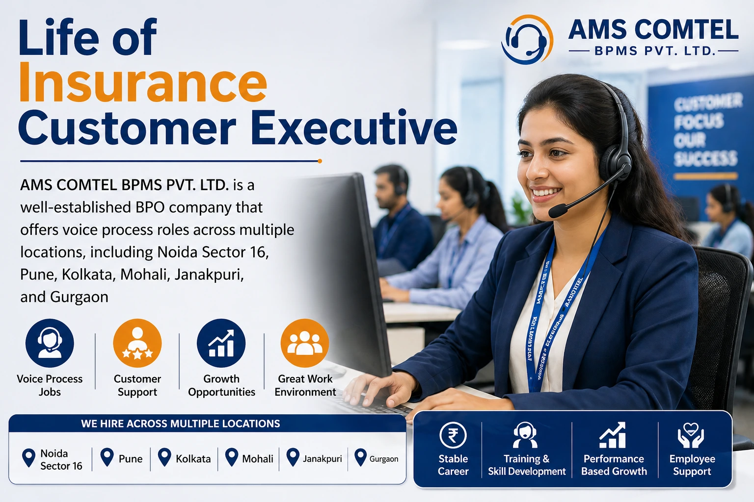 Insurance Customer Support Executive job life at AMS COMTEL BPMS BPO day shift work routine for freshers