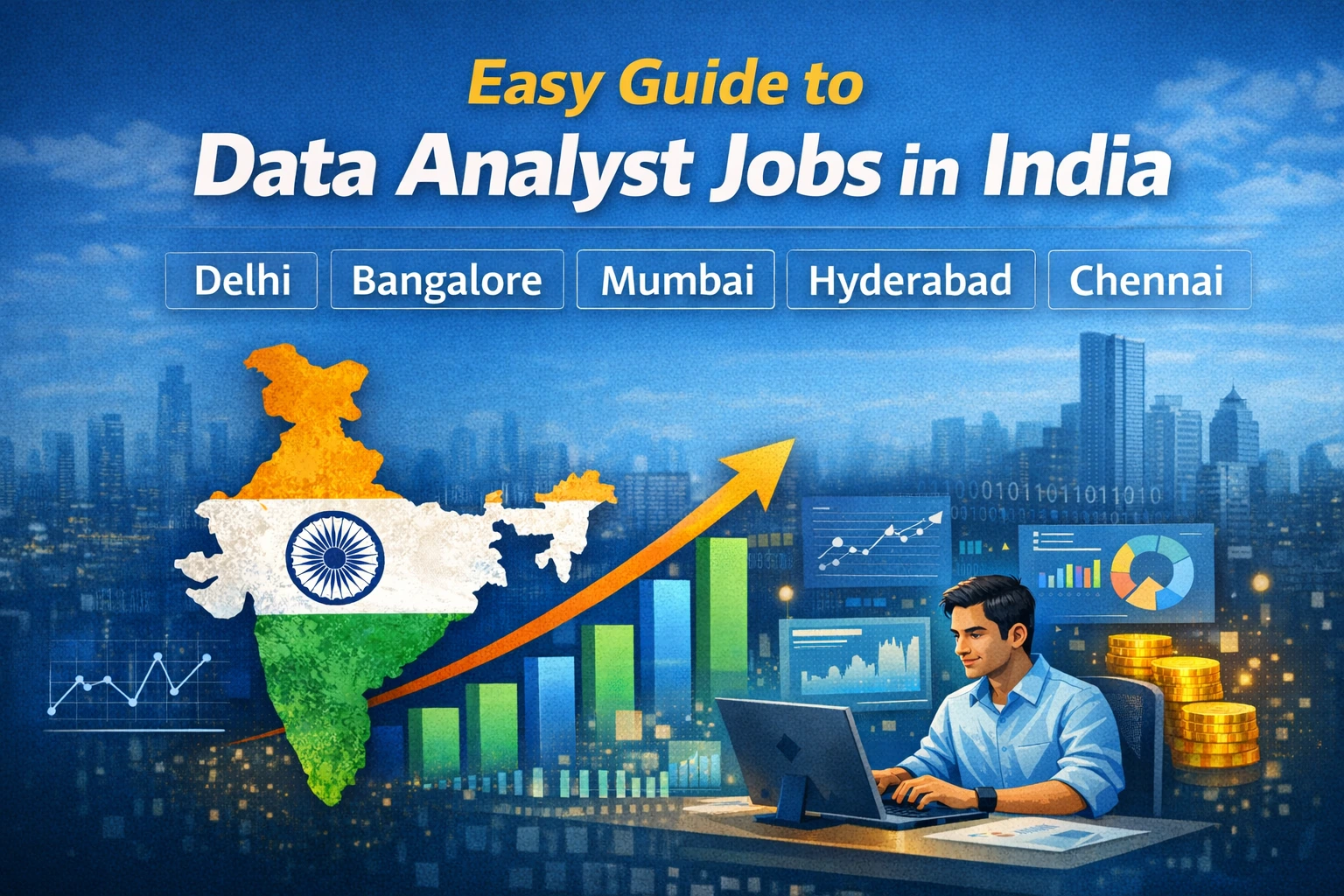 Data Analyst Jobs for Freshers in India with top cities like Delhi Bangalore Mumbai Hyderabad Chennai