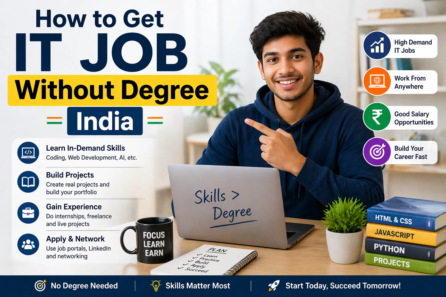 How to Get IT Job Without Degree in India 2026, freelancing and skills guide