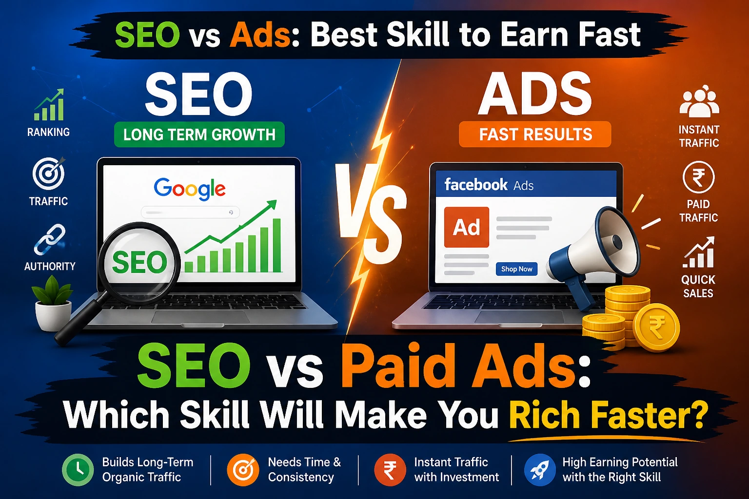 SEO vs Paid Ads which skill makes money faster in India digital marketing comparison