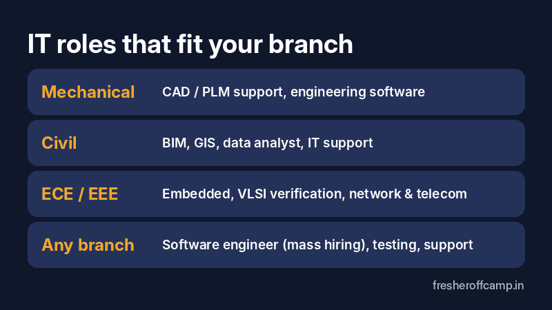 Non-IT to IT job roles by branch: Mechanical CAD/PLM, Civil BIM and GIS, ECE embedded and VLSI, any-branch software roles